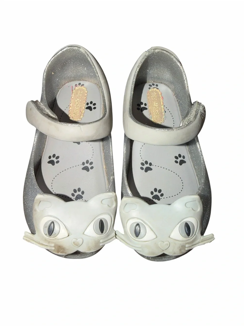 Mini Melissa Ultragirl II Silver Glitter Toddler Shoes size 7c with Cat face